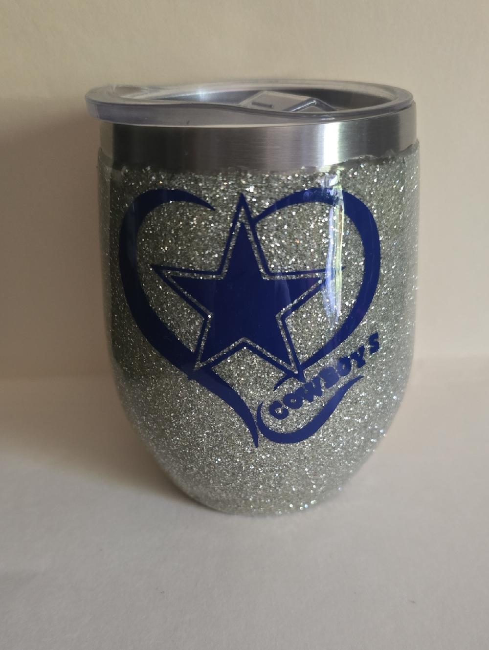 Silver Glitter Stainless Steel Tumbler with Blue Star Logo